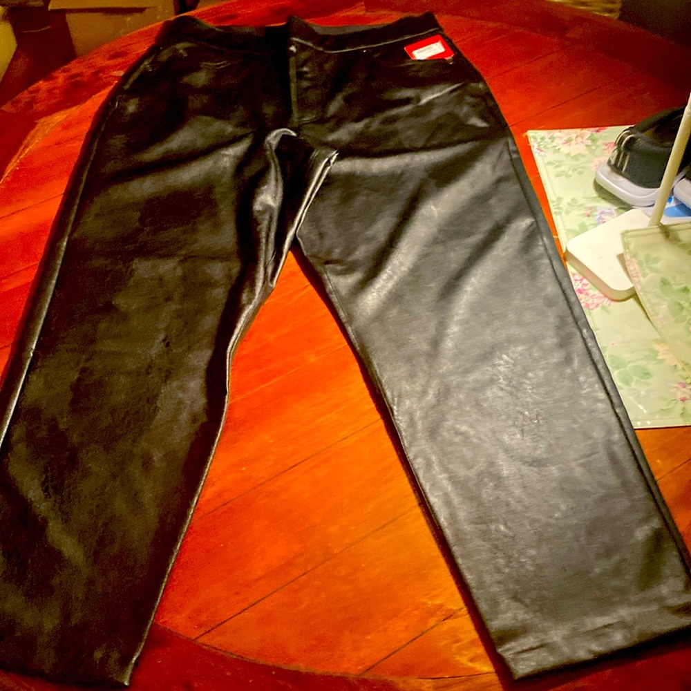 SPANX black straight pants, faux leather.